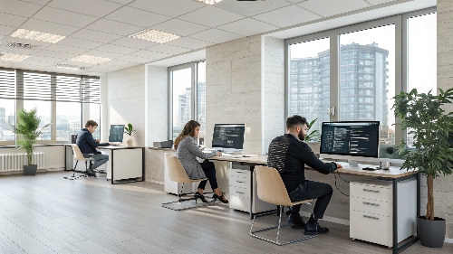 Equipo profesional de especialistas en ciberseguridad trabajando en computadoras en una oficina moderna